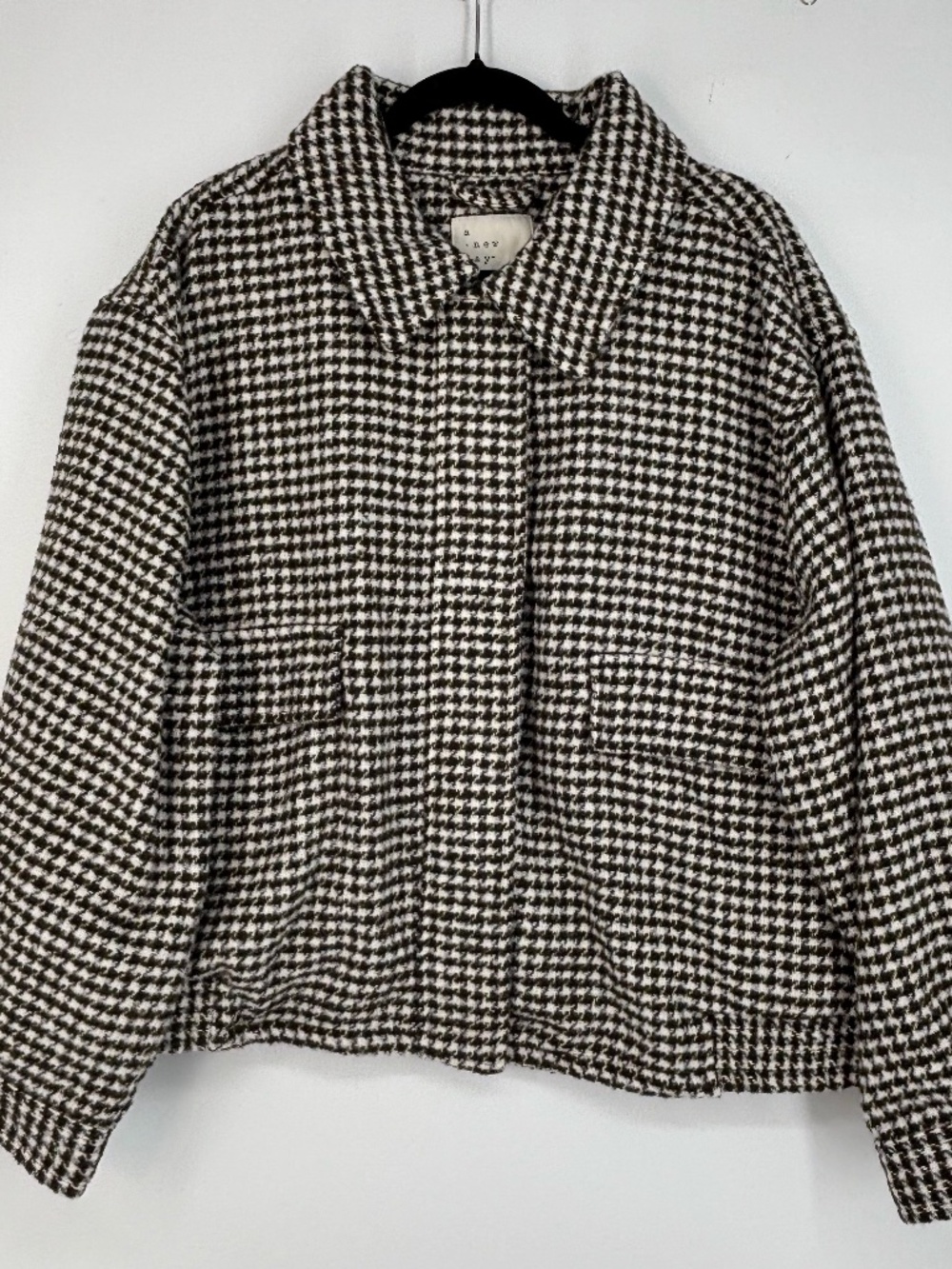 A New Day Womens XXL Zip Front Jacket Brown Cream Textured Houndstooth Long Slv